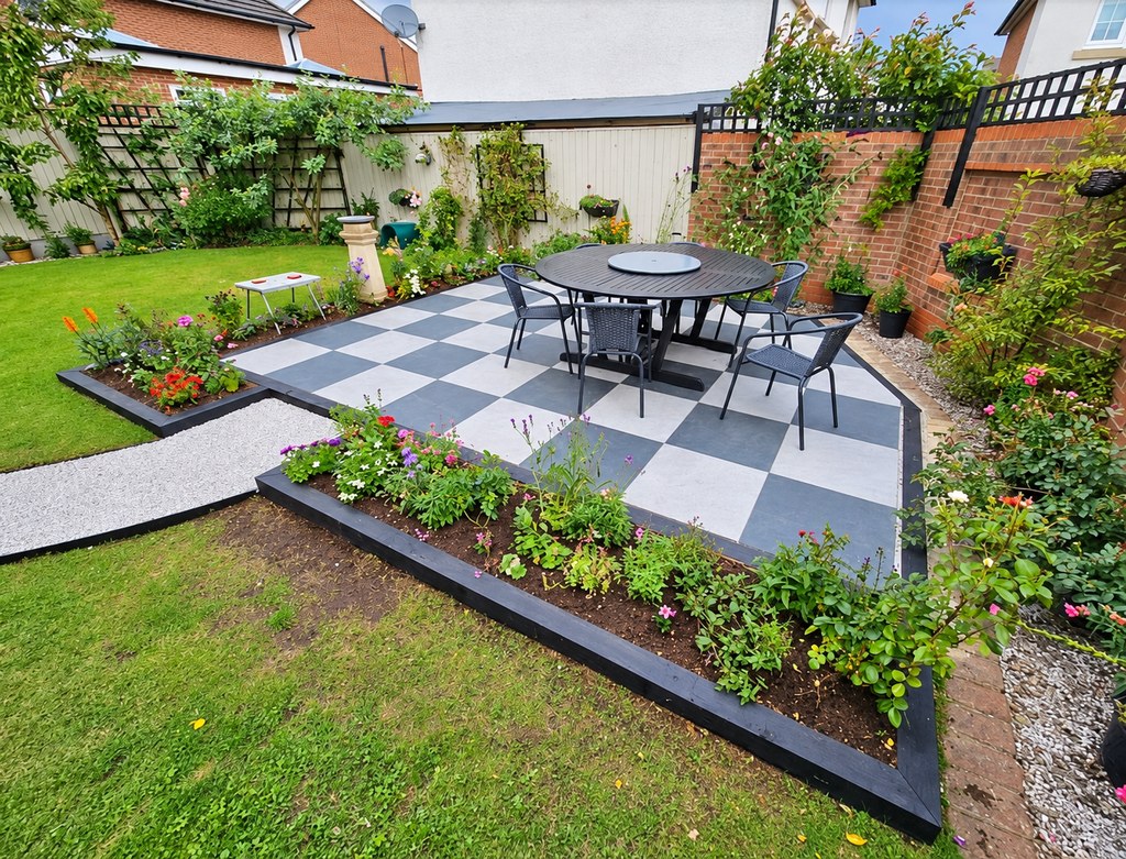 A chessboard porcelain patio with sleeper borders