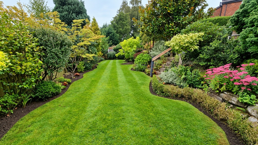A curved striped lawn surrounded by mature planting, stone steps and flowering borders