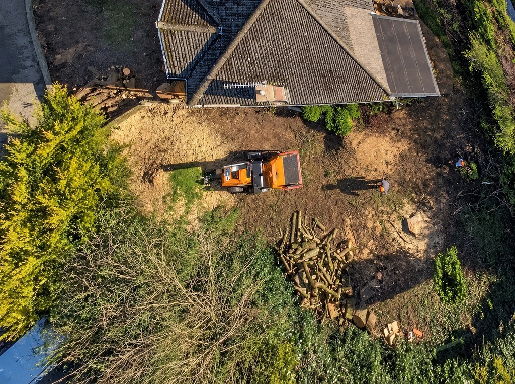 Day one at Unsworth from above: a tall conifer hedge round the corner plot, with clearance under way